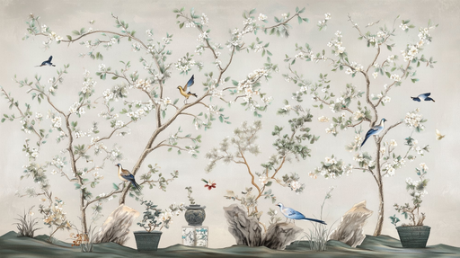 Papier peint floral Paysage avec oiseaux et fleurs
