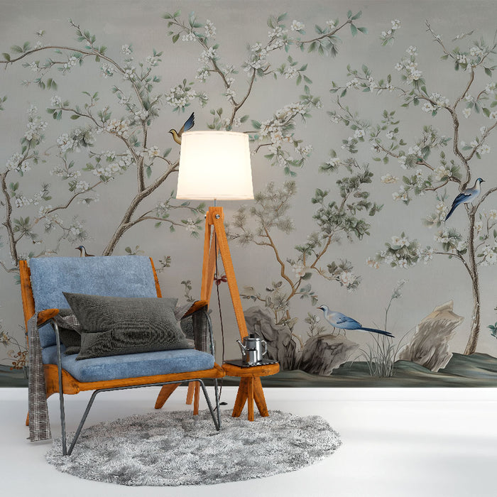 Papier peint floral | Paysage avec oiseaux et fleurs