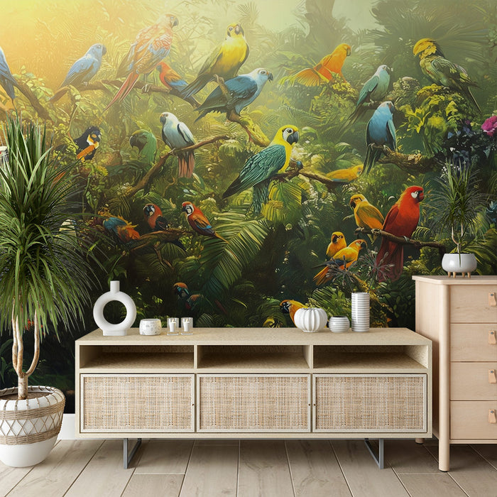 Papier peint oiseaux exotiques | Forêt tropicale lumineuse