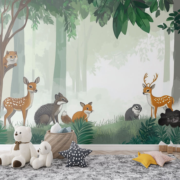 Papier peint forêt d'animaux | Scène illustrative avec faune forestière
