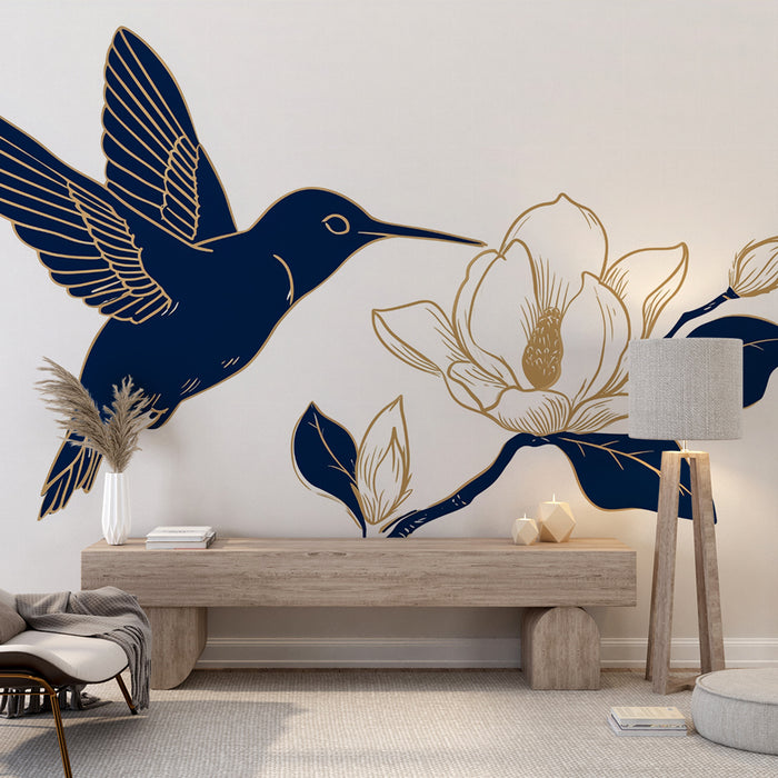 Papier peint colibri | Éclat doré sur fond bleu marine