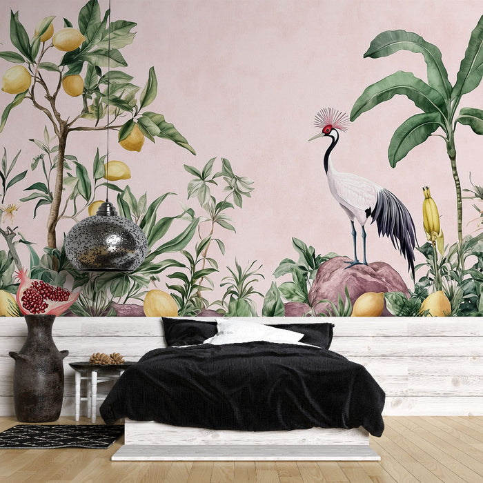 Papier peint exotique | Motif de fruits et grue