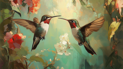 Papier peint colibris Peinture artistique de colibris et fleurs