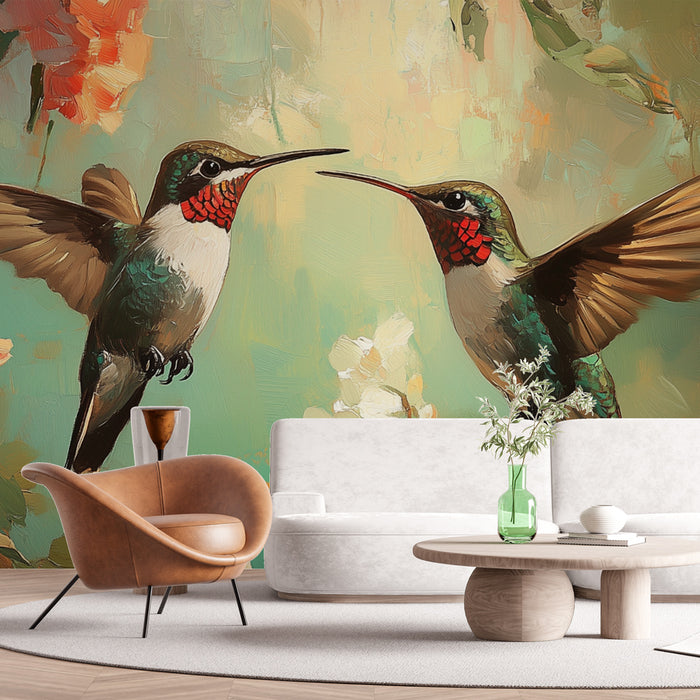 Papier peint colibris | Peinture artistique de colibris et fleurs