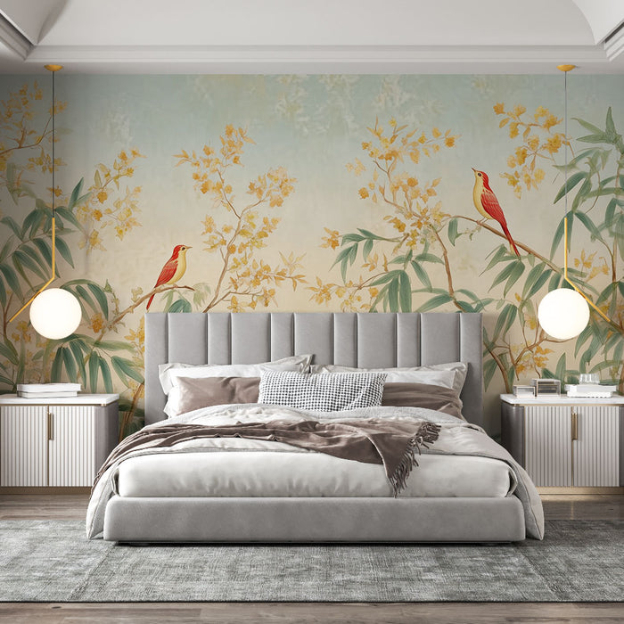 Papier peint oiseaux exotiques | Motif botanique délicat