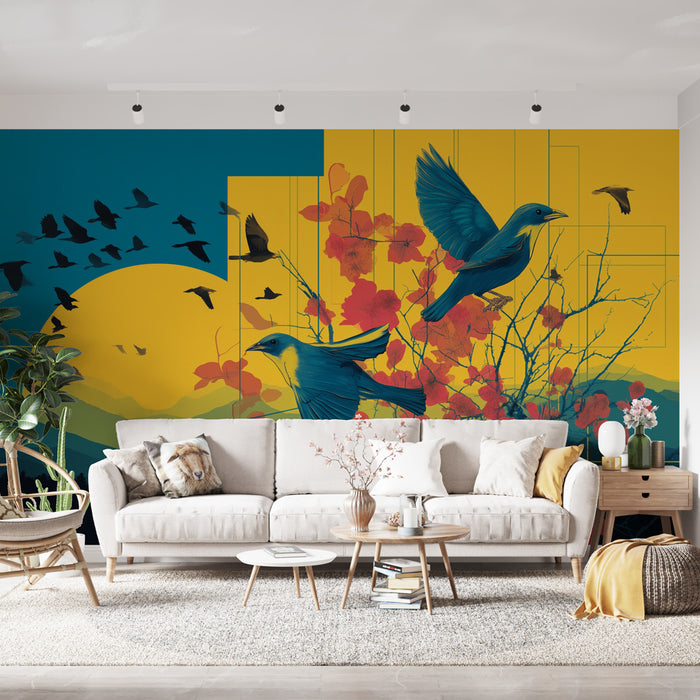 Papier peint oiseaux colorés | Illustration vibrante de nature