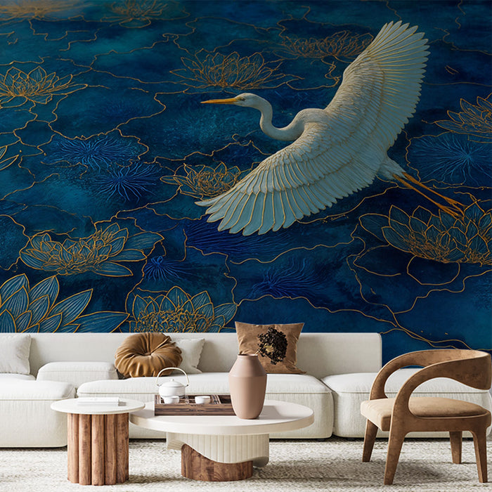 Papier peint oiseau et lotus | Élégance bleue et dorée