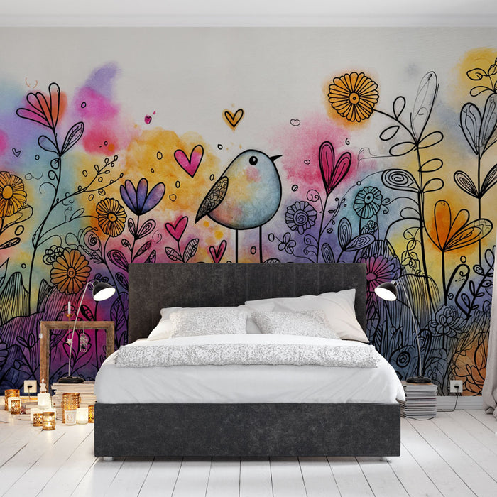 Papier peint oiseau floral | Illustration colorée et joyeuse