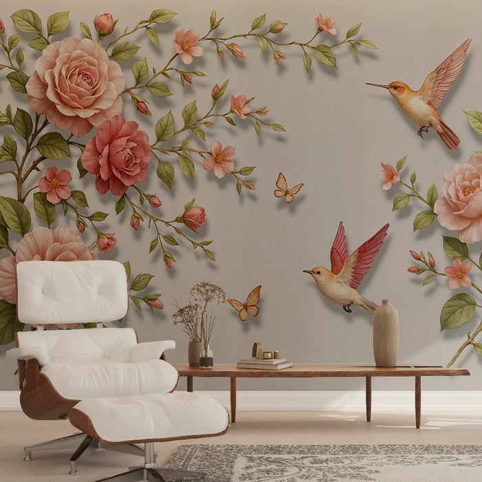 Papier peint floral | Motif de roses et colibris