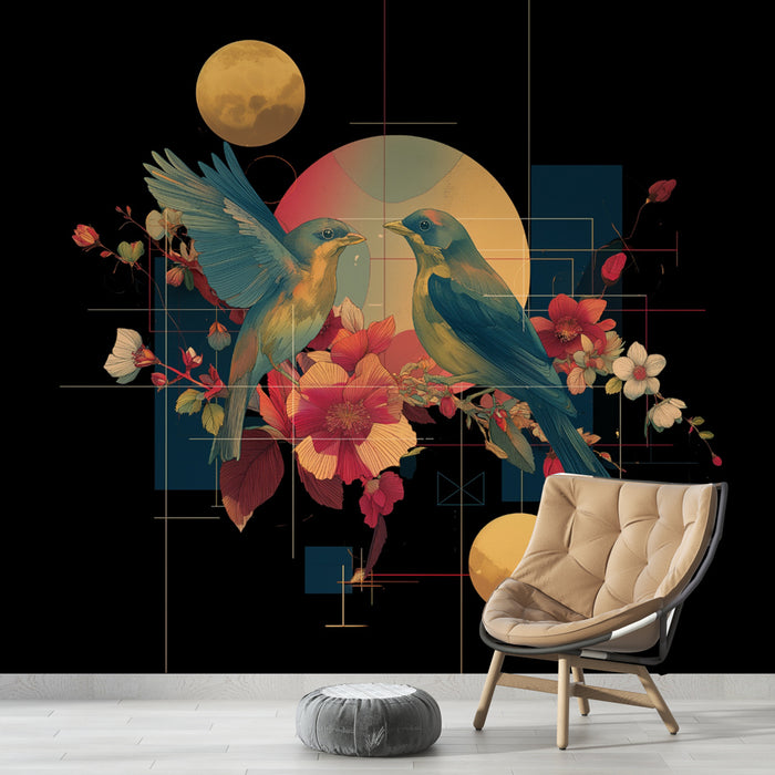 Papier peint oiseaux et fleurs | Design artistique et moderne
