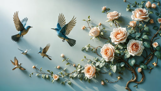 Papier peint oiseaux et roses Évasion romantique