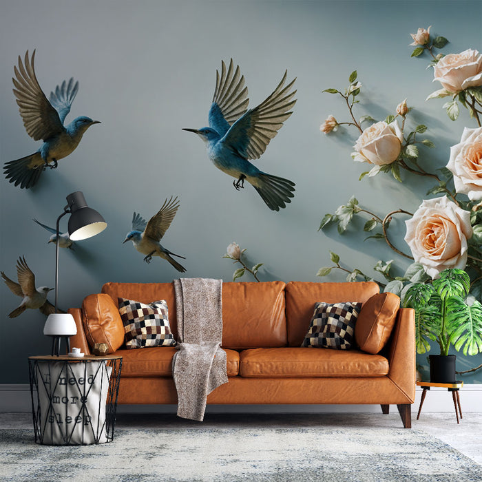 Papier peint oiseaux et roses | Évasion romantique