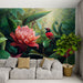 Papier peint tropical avec fleurs exotiques et oiseau rouge pour salon moderne