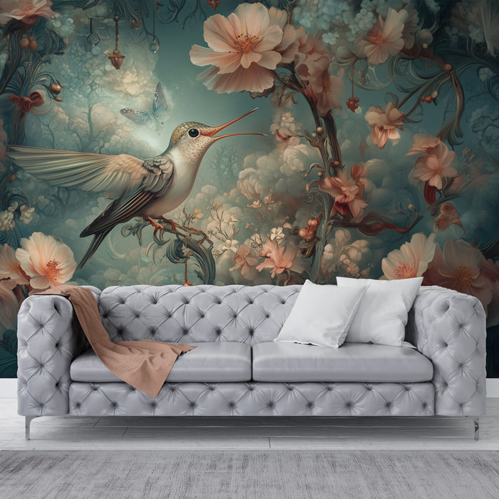 Papier peint floral avec colibri et fleurs pour salon élégant