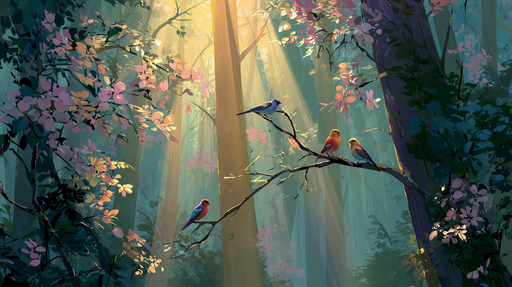 Papier peint forêt enchantée Lumière et oiseaux