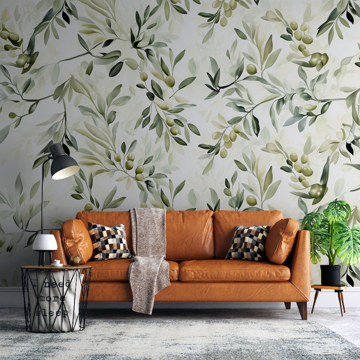 Papier peint végétal | Motif branches d'olivier