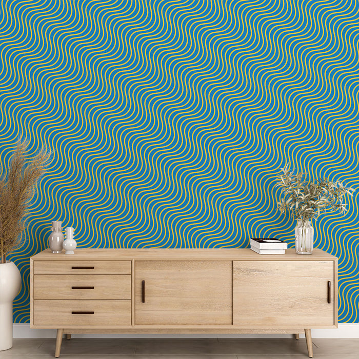 Papier peint ondulations | Design rétro turquoise et jaune