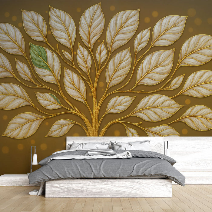 Papier peint arbre doré | Élégance feuillage sur fond brun