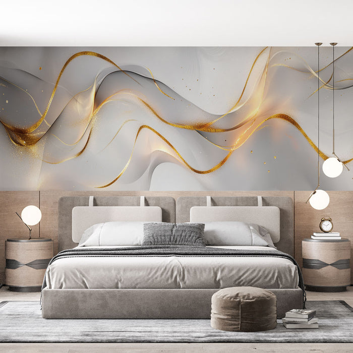 Papier peint moderne avec motifs abstraits dorés sur fond gris pour chambre élégante
