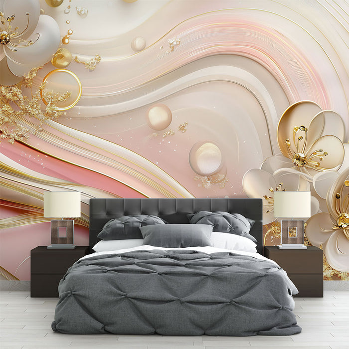 Papier peint mural abstrait avec motifs floraux dorés et vagues pastel pour chambre moderne