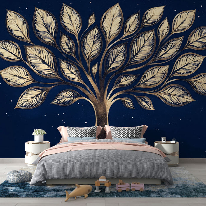 Papier peint arbre doré | Élégance sur fond bleu