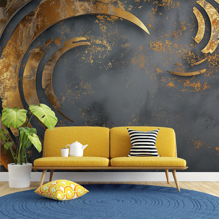 Papier peint design abstrait noir et or avec motifs circulaires pour salon moderne