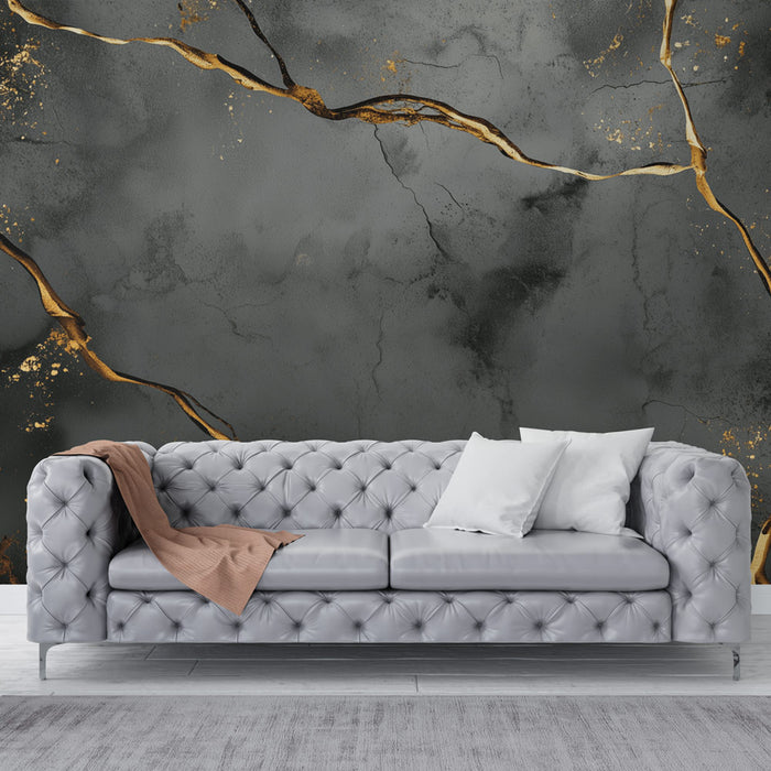 Papier peint effet marbre gris avec veines dorées pour salon moderne et élégant