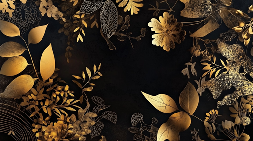 Papier peint botanique doré Élégance florale sur fond noir