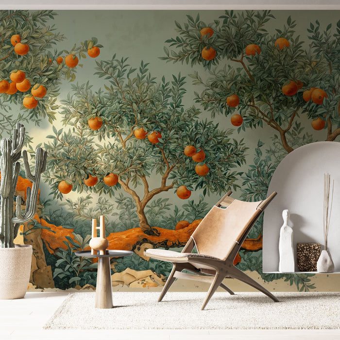 Papier peint arbres fruitiers | Décor mural nature et oranges