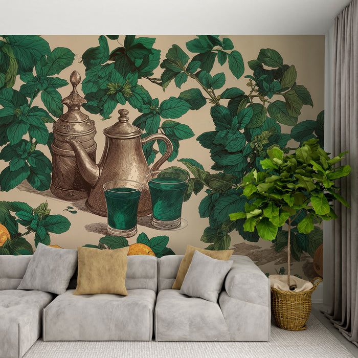 Papier peint thé à la menthe | Design botanique rétro