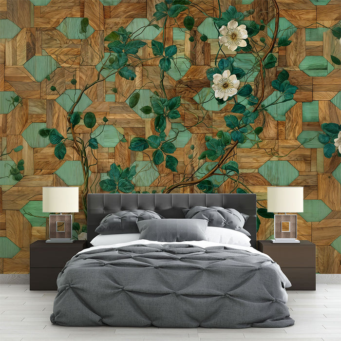 Papier peint floral et géométrique | Éléments nature et bois