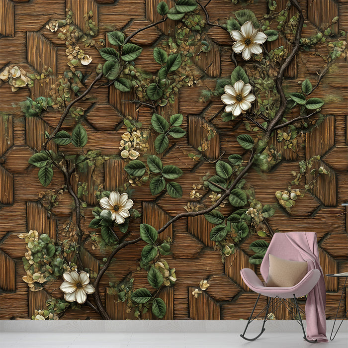 Papier peint floral | Texture bois et fleurs