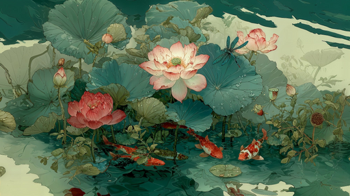Papier peint lotus et carpes Harmonie florale aquatique