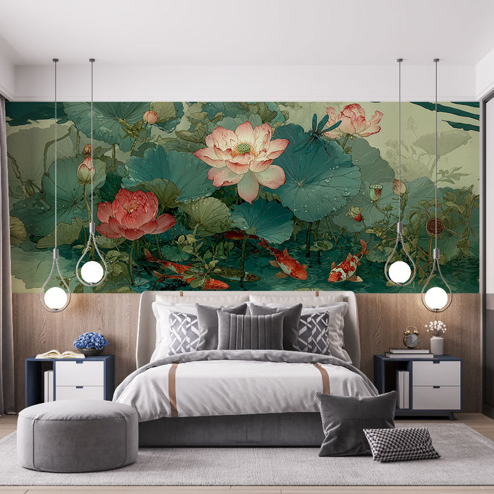 Papier peint lotus et carpes | Harmonie florale aquatique