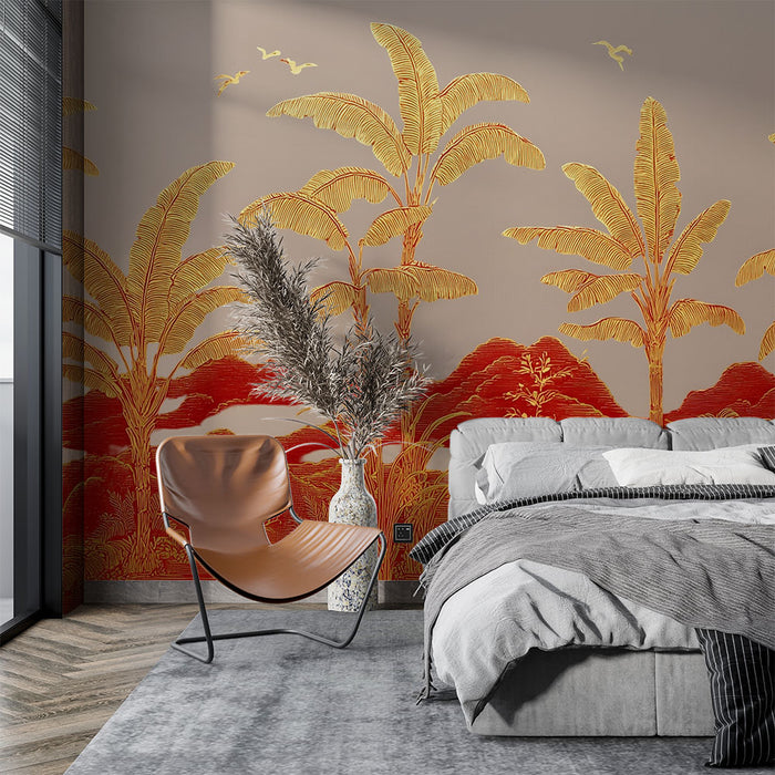 Papier peint palmier tropical | Paysage exotique doré