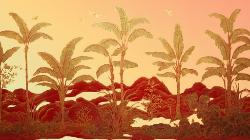 Papier peint tropical Paysage exotique doré