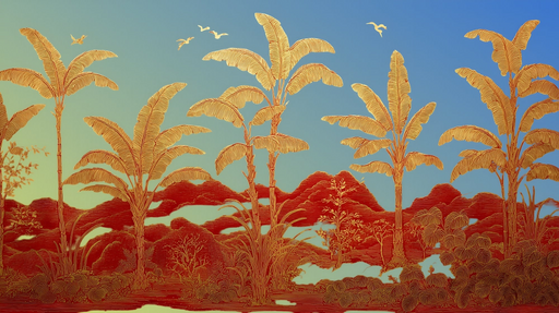 Papier peint tropical Paysage exotique doré et bleu