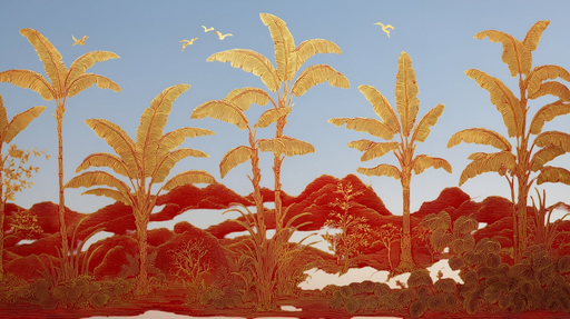 Papier peint tropical Paysage exotique rouge et doré