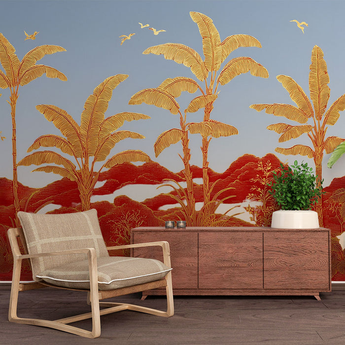 Papier peint tropical | Paysage exotique rouge et doré