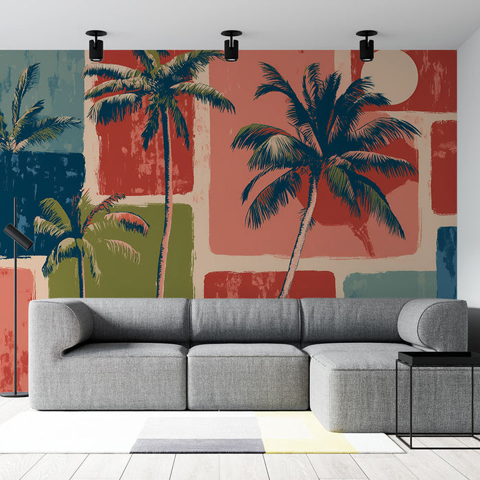 Papier peint tropical | Palmiers colorés rétro