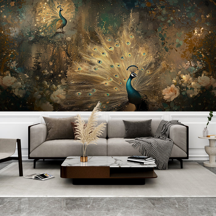 Papier peint paon | Élégance exotique et florale dorée