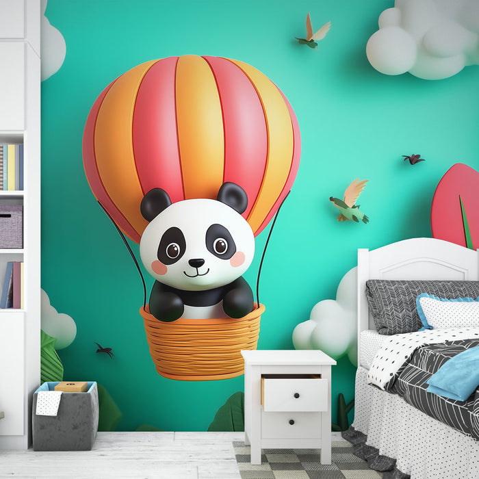 Papier peint chambre enfant avec panda mignon dans une montgolfière colorée et nuages pour décoration ludique.