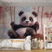 Papier peint mural chambre enfant avec panda mignon sur balançoire et fleurs roses