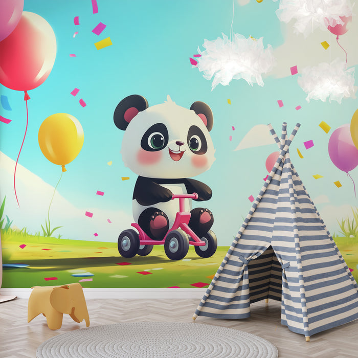 Papier peint chambre enfant avec panda sur tricycle et ballons colorés pour décoration ludique et joyeuse.