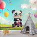 Papier peint chambre enfant avec panda sur tricycle et ballons colorés pour décoration ludique et joyeuse.