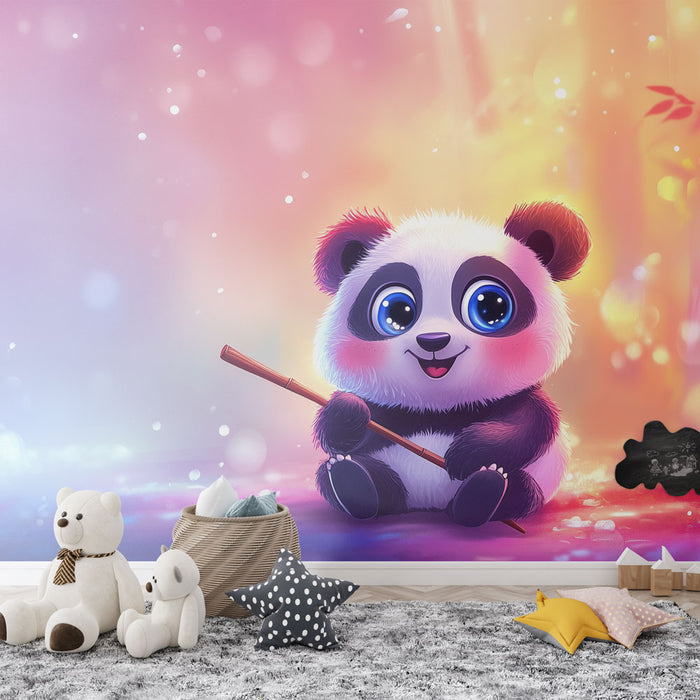 Papier peint chambre enfant avec panda mignon et couleurs pastel pour décoration murale ludique