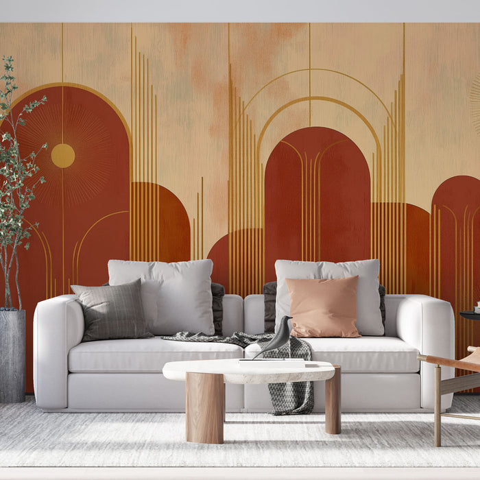 Un salon moderne avec un papier peint aux motifs géométriques dans des teintes rouges et dorées, créant une atmosphère chaleureuse et artistique.