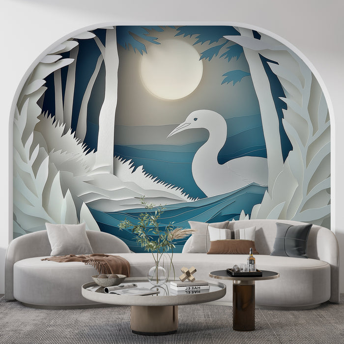 Papier peint décoratif scène aquatique avec oiseau blanc sous la lune pour salon moderne.