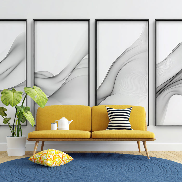 Un salon moderne avec un papier peint abstrait en noir et blanc représentant des vagues fluides, créant une atmosphère élégante et apaisante.