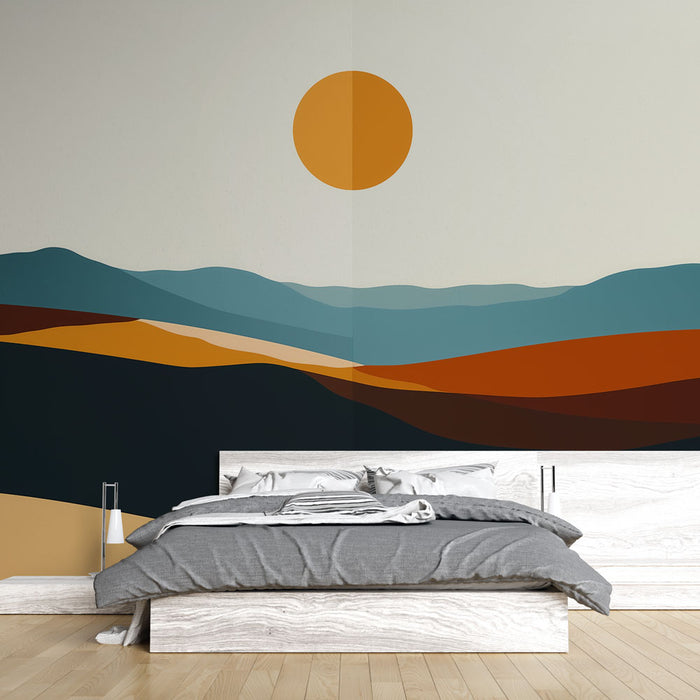 Papier peint abstrait paysage | Un coucher de soleil stylisé sur des collines colorées